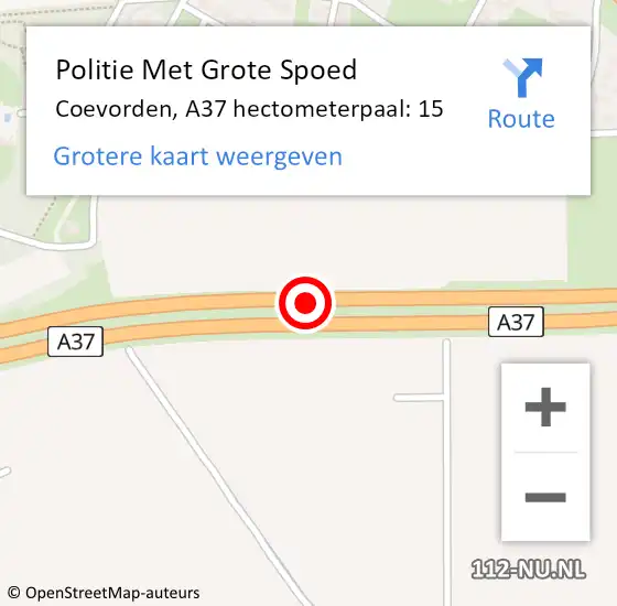 Locatie op kaart van de 112 melding: Politie Met Grote Spoed Naar Coevorden, A37 hectometerpaal: 15 op 10 april 2023 12:46