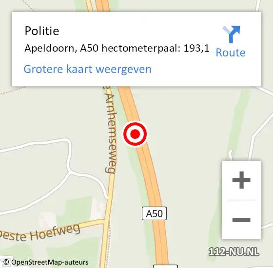 Locatie op kaart van de 112 melding: Politie Apeldoorn, A50 hectometerpaal: 193,1 op 10 april 2023 13:21