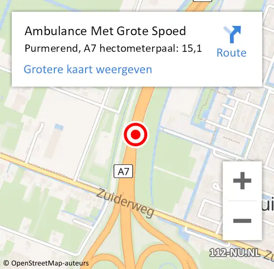 Locatie op kaart van de 112 melding: Ambulance Met Grote Spoed Naar Purmerend, A7 hectometerpaal: 15,1 op 10 april 2023 23:25