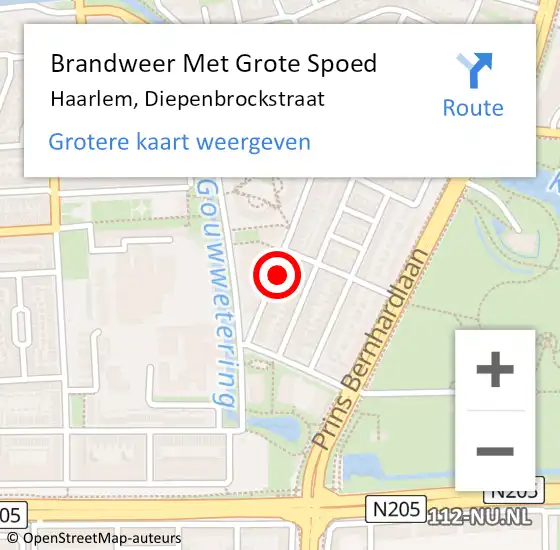 Locatie op kaart van de 112 melding: Brandweer Met Grote Spoed Naar Haarlem, Diepenbrockstraat op 11 april 2023 03:22