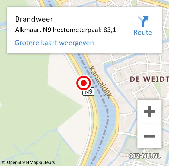 Locatie op kaart van de 112 melding: Brandweer Alkmaar, N9 hectometerpaal: 83,1 op 11 april 2023 05:13