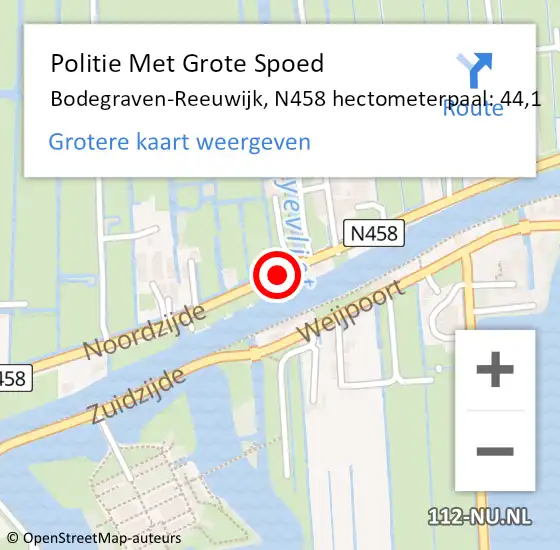 Locatie op kaart van de 112 melding: Politie Met Grote Spoed Naar Bodegraven-Reeuwijk, N458 hectometerpaal: 44,1 op 11 april 2023 09:51