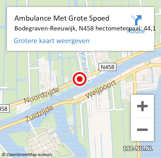 Locatie op kaart van de 112 melding: Ambulance Met Grote Spoed Naar Bodegraven-Reeuwijk, N458 hectometerpaal: 44,1 op 11 april 2023 09:51