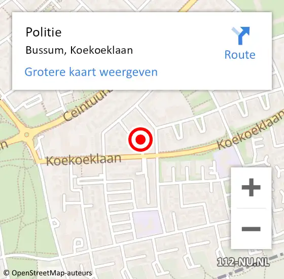Locatie op kaart van de 112 melding: Politie Bussum, Koekoeklaan op 11 april 2023 12:57