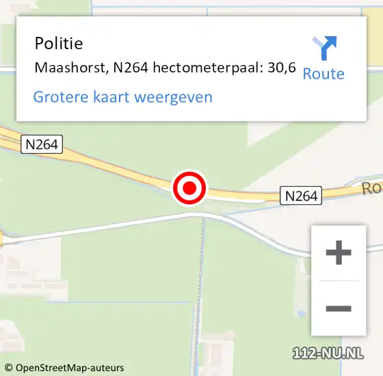 Locatie op kaart van de 112 melding: Politie Maashorst, N264 hectometerpaal: 30,6 op 11 april 2023 15:51