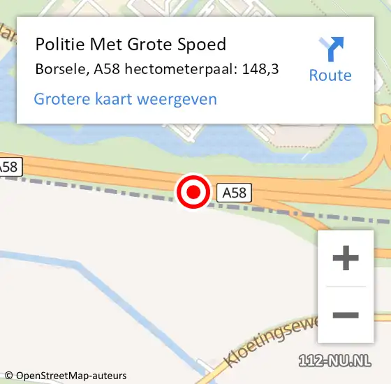 Locatie op kaart van de 112 melding: Politie Met Grote Spoed Naar Borsele, A58 hectometerpaal: 148,3 op 11 april 2023 18:04