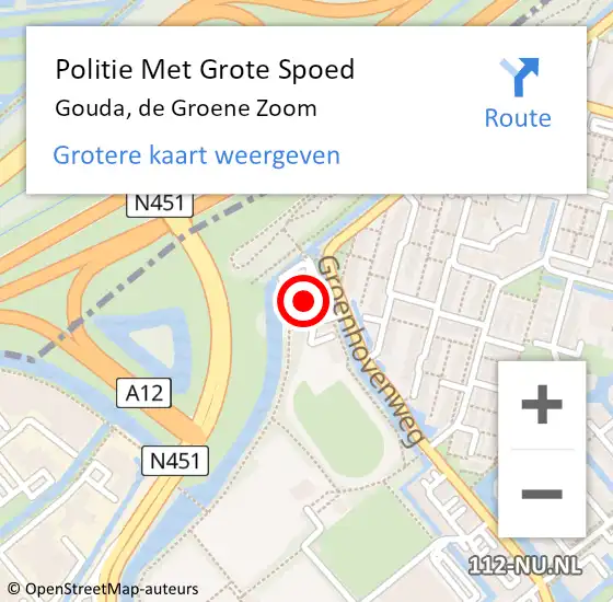 Locatie op kaart van de 112 melding: Politie Met Grote Spoed Naar Gouda, de Groene Zoom op 11 april 2023 19:04