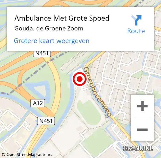 Locatie op kaart van de 112 melding: Ambulance Met Grote Spoed Naar Gouda, de Groene Zoom op 11 april 2023 19:06