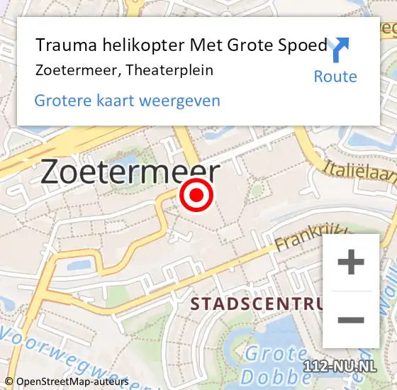 Locatie op kaart van de 112 melding: Trauma helikopter Met Grote Spoed Naar Zoetermeer, Theaterplein op 11 april 2023 19:06