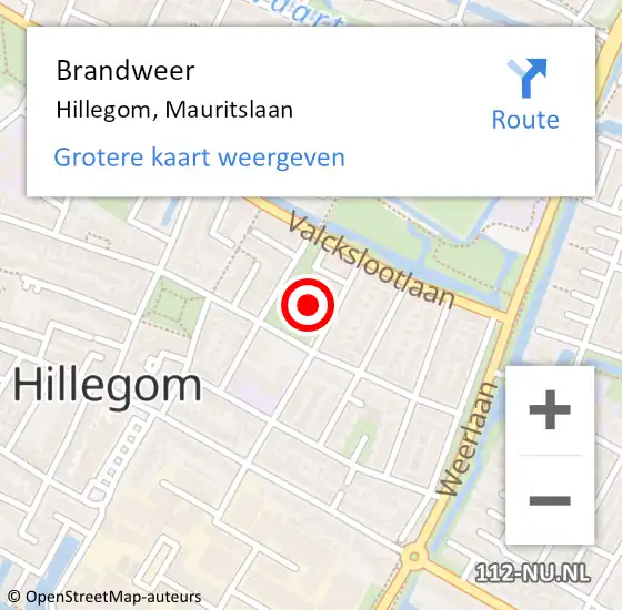 Locatie op kaart van de 112 melding: Brandweer Hillegom, Mauritslaan op 12 april 2023 05:03
