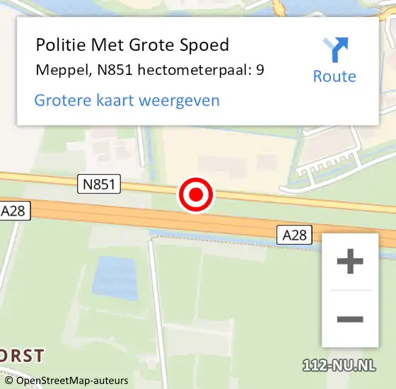 Locatie op kaart van de 112 melding: Politie Met Grote Spoed Naar Meppel, N851 hectometerpaal: 9 op 12 april 2023 06:53