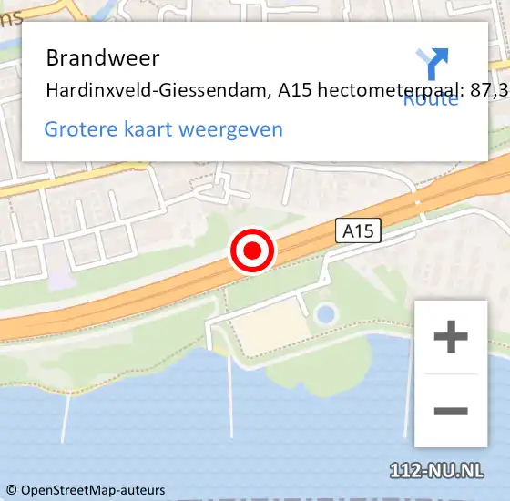 Locatie op kaart van de 112 melding: Brandweer Hardinxveld-Giessendam, A15 hectometerpaal: 87,3 op 12 april 2023 06:58