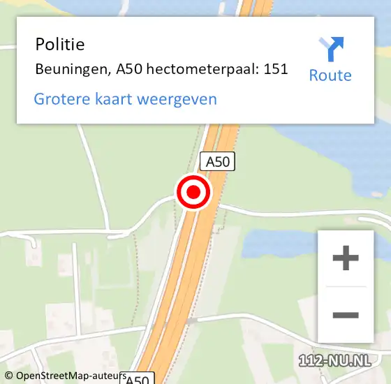 Locatie op kaart van de 112 melding: Politie Beuningen, A50 hectometerpaal: 151 op 12 april 2023 08:18