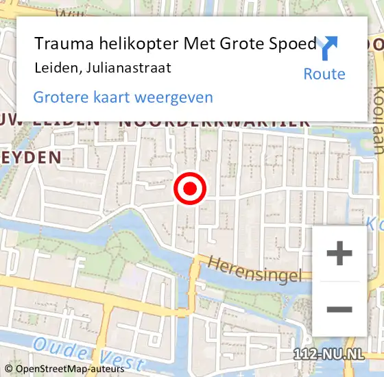 Locatie op kaart van de 112 melding: Trauma helikopter Met Grote Spoed Naar Leiden, Julianastraat op 12 april 2023 08:51