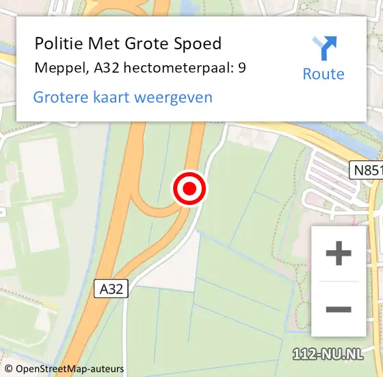 Locatie op kaart van de 112 melding: Politie Met Grote Spoed Naar Meppel, A32 hectometerpaal: 9 op 12 april 2023 09:19