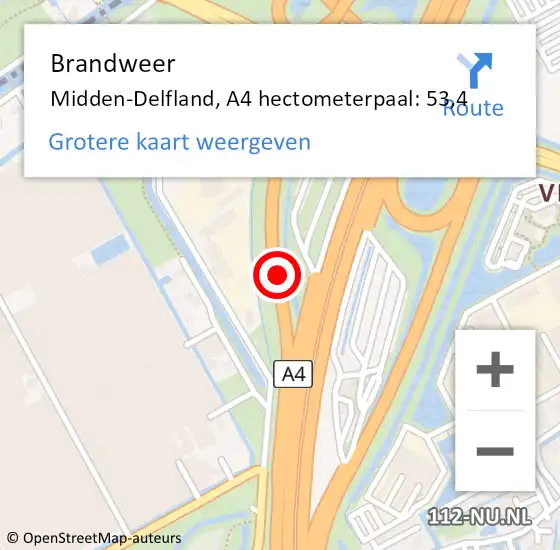 Locatie op kaart van de 112 melding: Brandweer Midden-Delfland, A4 hectometerpaal: 53,4 op 12 april 2023 11:02