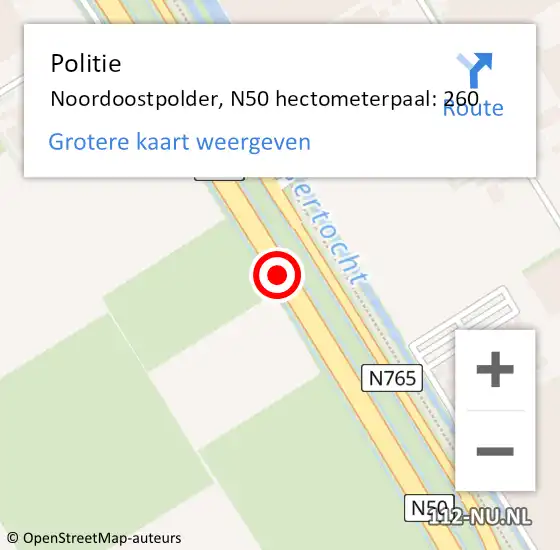 Locatie op kaart van de 112 melding: Politie Noordoostpolder, N50 hectometerpaal: 260 op 12 april 2023 14:46