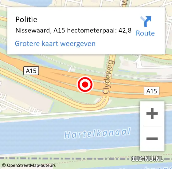 Locatie op kaart van de 112 melding: Politie Nissewaard, A15 hectometerpaal: 42,8 op 12 april 2023 16:12