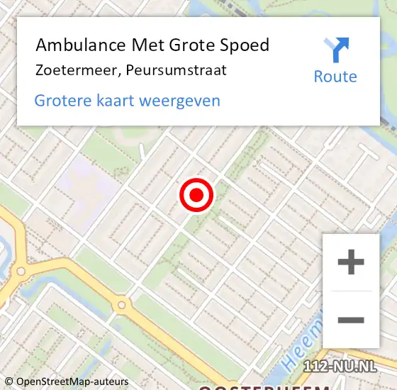 Locatie op kaart van de 112 melding: Ambulance Met Grote Spoed Naar Zoetermeer, Peursumstraat op 12 april 2023 20:09