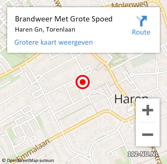 Locatie op kaart van de 112 melding: Brandweer Met Grote Spoed Naar Haren Gn, Torenlaan op 12 april 2023 20:14