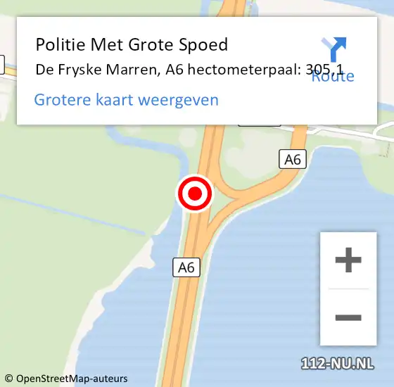 Locatie op kaart van de 112 melding: Politie Met Grote Spoed Naar De Fryske Marren, A6 hectometerpaal: 305,1 op 13 april 2023 03:47