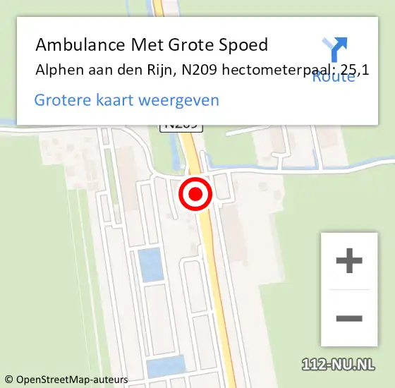 Locatie op kaart van de 112 melding: Ambulance Met Grote Spoed Naar Alphen aan den Rijn, N209 hectometerpaal: 25,1 op 13 april 2023 06:52