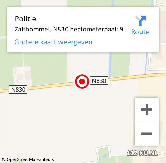 Locatie op kaart van de 112 melding: Politie Zaltbommel, N830 hectometerpaal: 9 op 13 april 2023 07:46