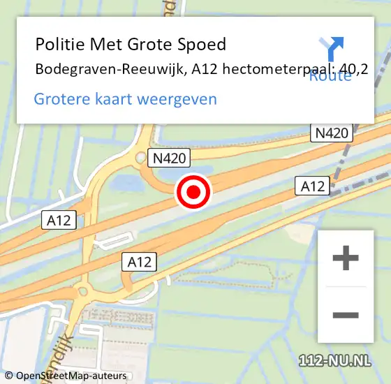 Locatie op kaart van de 112 melding: Politie Met Grote Spoed Naar Bodegraven-Reeuwijk, A12 hectometerpaal: 40,2 op 13 april 2023 09:22