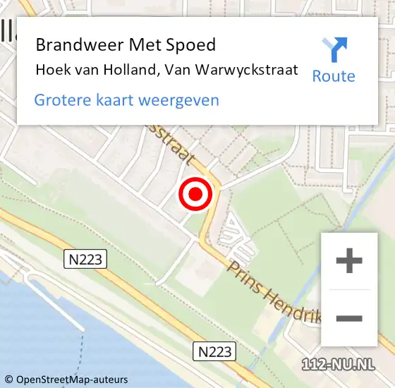 Locatie op kaart van de 112 melding: Brandweer Met Spoed Naar Hoek van Holland, Van Warwyckstraat op 13 april 2023 11:49
