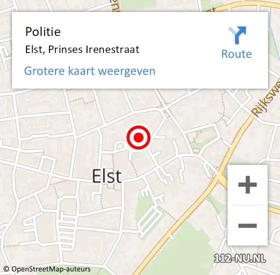 Locatie op kaart van de 112 melding: Politie Elst, Prinses Irenestraat op 13 april 2023 12:09