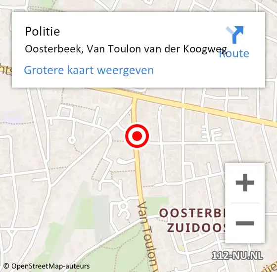 Locatie op kaart van de 112 melding: Politie Oosterbeek, Van Toulon van der Koogweg op 13 april 2023 12:22