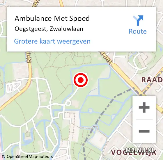 Locatie op kaart van de 112 melding: Ambulance Met Spoed Naar Oegstgeest, Zwaluwlaan op 13 april 2023 12:47