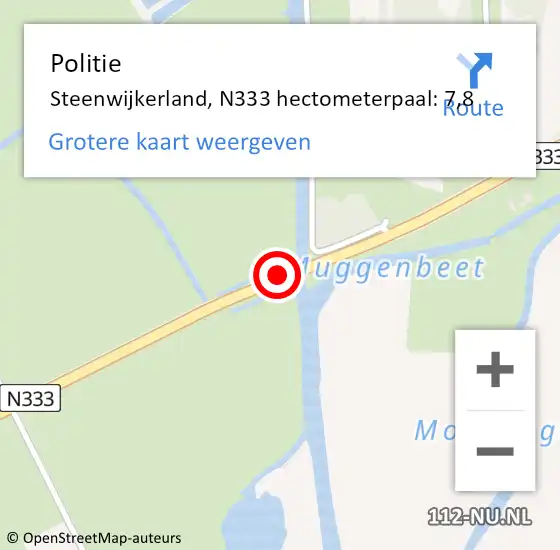 Locatie op kaart van de 112 melding: Politie Steenwijkerland, N333 hectometerpaal: 7,8 op 13 april 2023 12:55