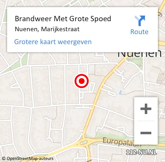 Locatie op kaart van de 112 melding: Brandweer Met Grote Spoed Naar Nuenen, Marijkestraat op 13 april 2023 14:48