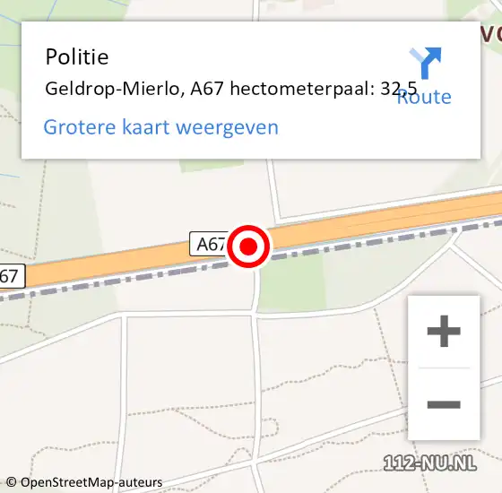Locatie op kaart van de 112 melding: Politie Geldrop-Mierlo, A67 hectometerpaal: 32,5 op 13 april 2023 16:46