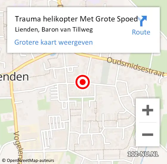 Locatie op kaart van de 112 melding: Trauma helikopter Met Grote Spoed Naar Lienden, Baron van Tillweg op 13 april 2023 17:42