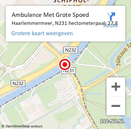 Locatie op kaart van de 112 melding: Ambulance Met Grote Spoed Naar Haarlemmermeer, N231 hectometerpaal: 27,8 op 13 april 2023 18:29