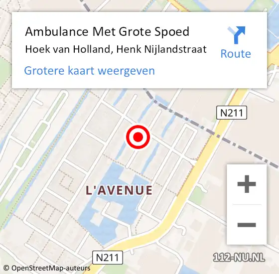 Locatie op kaart van de 112 melding: Ambulance Met Grote Spoed Naar Hoek van Holland, Henk Nijlandstraat op 13 april 2023 20:42