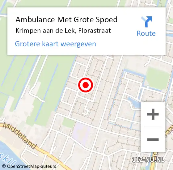 Locatie op kaart van de 112 melding: Ambulance Met Grote Spoed Naar Krimpen aan de Lek, Florastraat op 13 april 2023 22:29