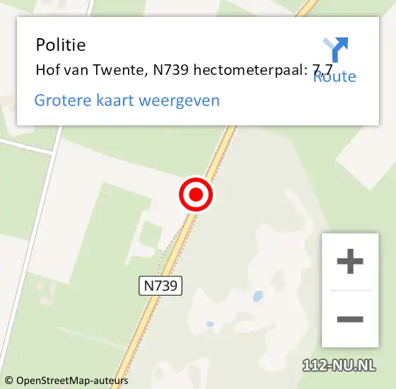 Locatie op kaart van de 112 melding: Politie Hof van Twente, N739 hectometerpaal: 7,7 op 14 april 2023 08:05