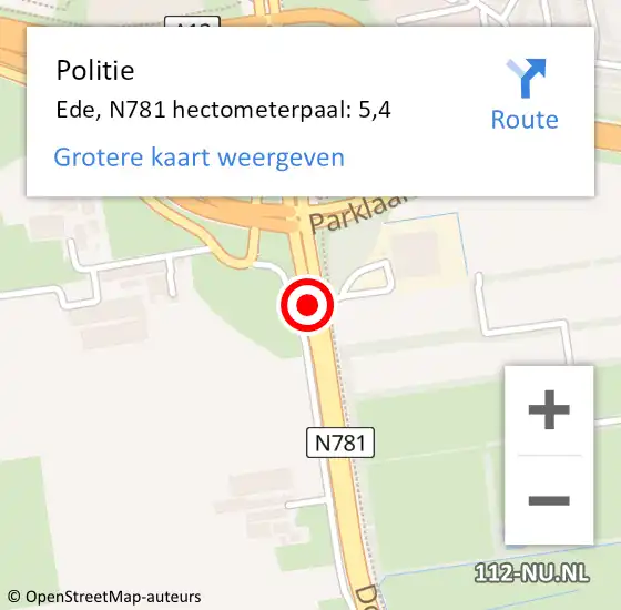 Locatie op kaart van de 112 melding: Politie Ede, N781 hectometerpaal: 5,4 op 14 april 2023 10:07
