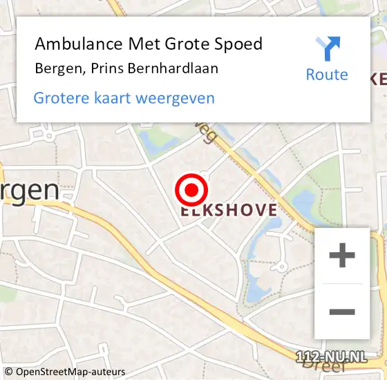 Locatie op kaart van de 112 melding: Ambulance Met Grote Spoed Naar Bergen, Prins Bernhardlaan op 14 april 2023 11:51