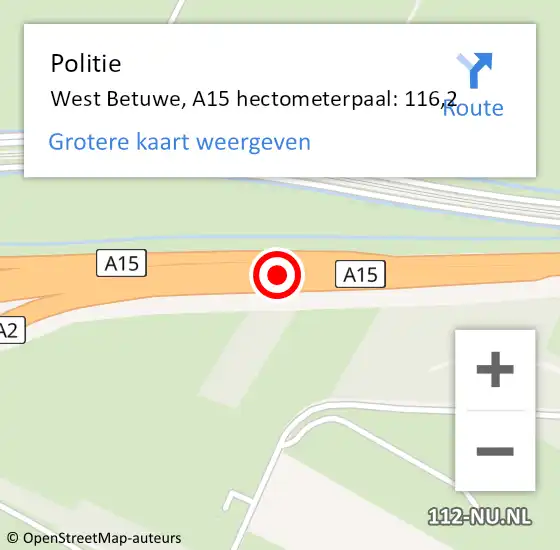 Locatie op kaart van de 112 melding: Politie West Betuwe, A15 hectometerpaal: 116,2 op 14 april 2023 12:56