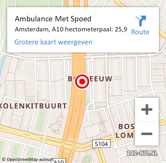 Locatie op kaart van de 112 melding: Ambulance Met Spoed Naar Amsterdam, A10 hectometerpaal: 25,9 op 14 april 2023 17:08