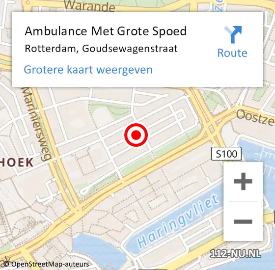 Locatie op kaart van de 112 melding: Ambulance Met Grote Spoed Naar Rotterdam, Goudsewagenstraat op 14 april 2023 18:13