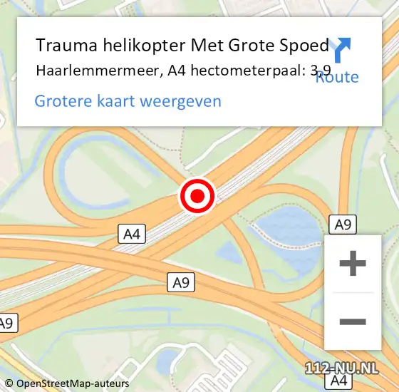 Locatie op kaart van de 112 melding: Trauma helikopter Met Grote Spoed Naar Haarlemmermeer, A4 hectometerpaal: 3,9 op 14 april 2023 18:44