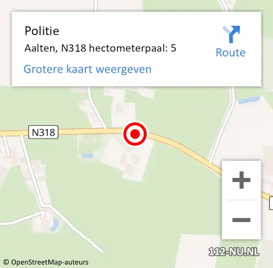Locatie op kaart van de 112 melding: Politie Aalten, N318 hectometerpaal: 5 op 14 april 2023 20:50