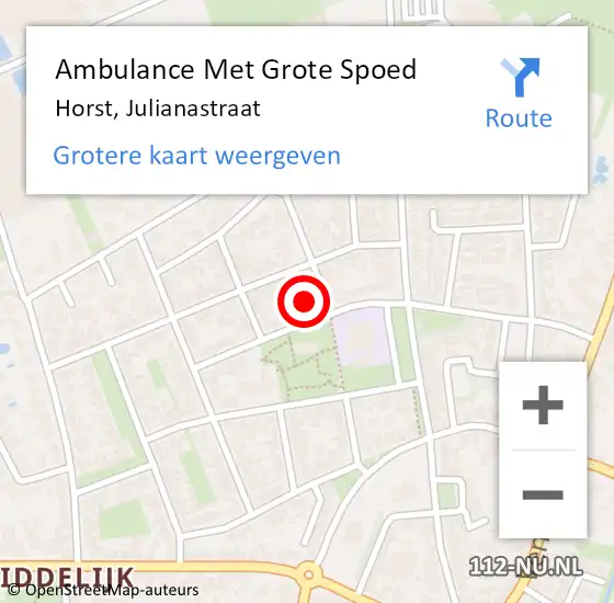 Locatie op kaart van de 112 melding: Ambulance Met Grote Spoed Naar Horst, Julianastraat op 14 april 2023 21:34
