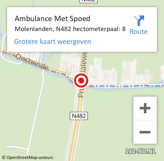 Locatie op kaart van de 112 melding: Ambulance Met Spoed Naar Molenlanden, N482 hectometerpaal: 8 op 14 april 2023 22:46