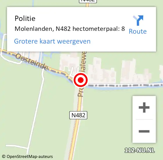 Locatie op kaart van de 112 melding: Politie Molenlanden, N482 hectometerpaal: 8 op 14 april 2023 22:48